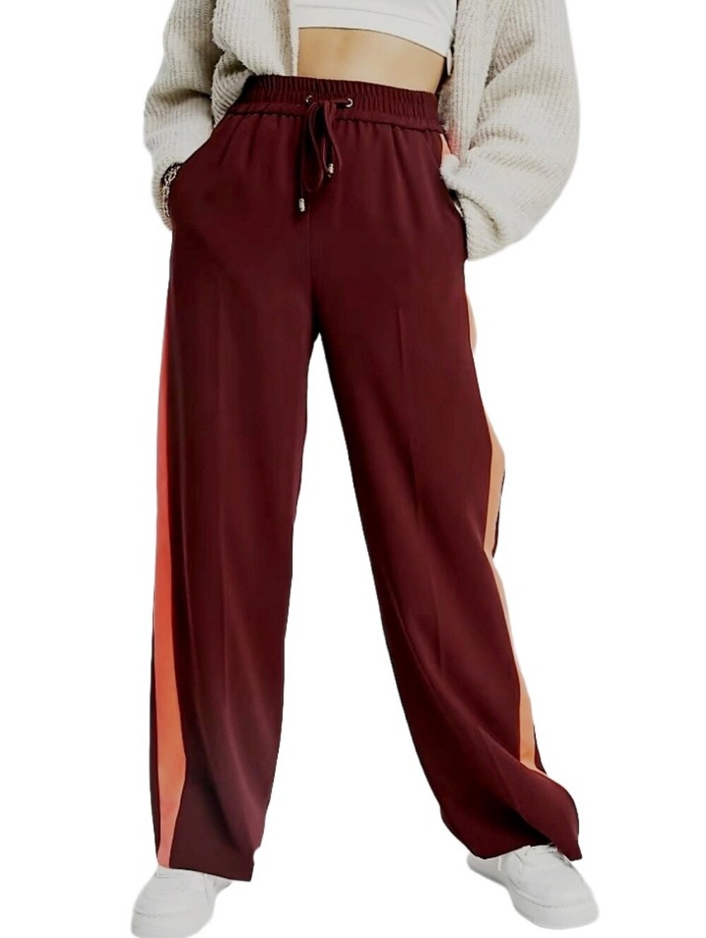 River Island tailored wide leg side stripe high waisted pants in dark red